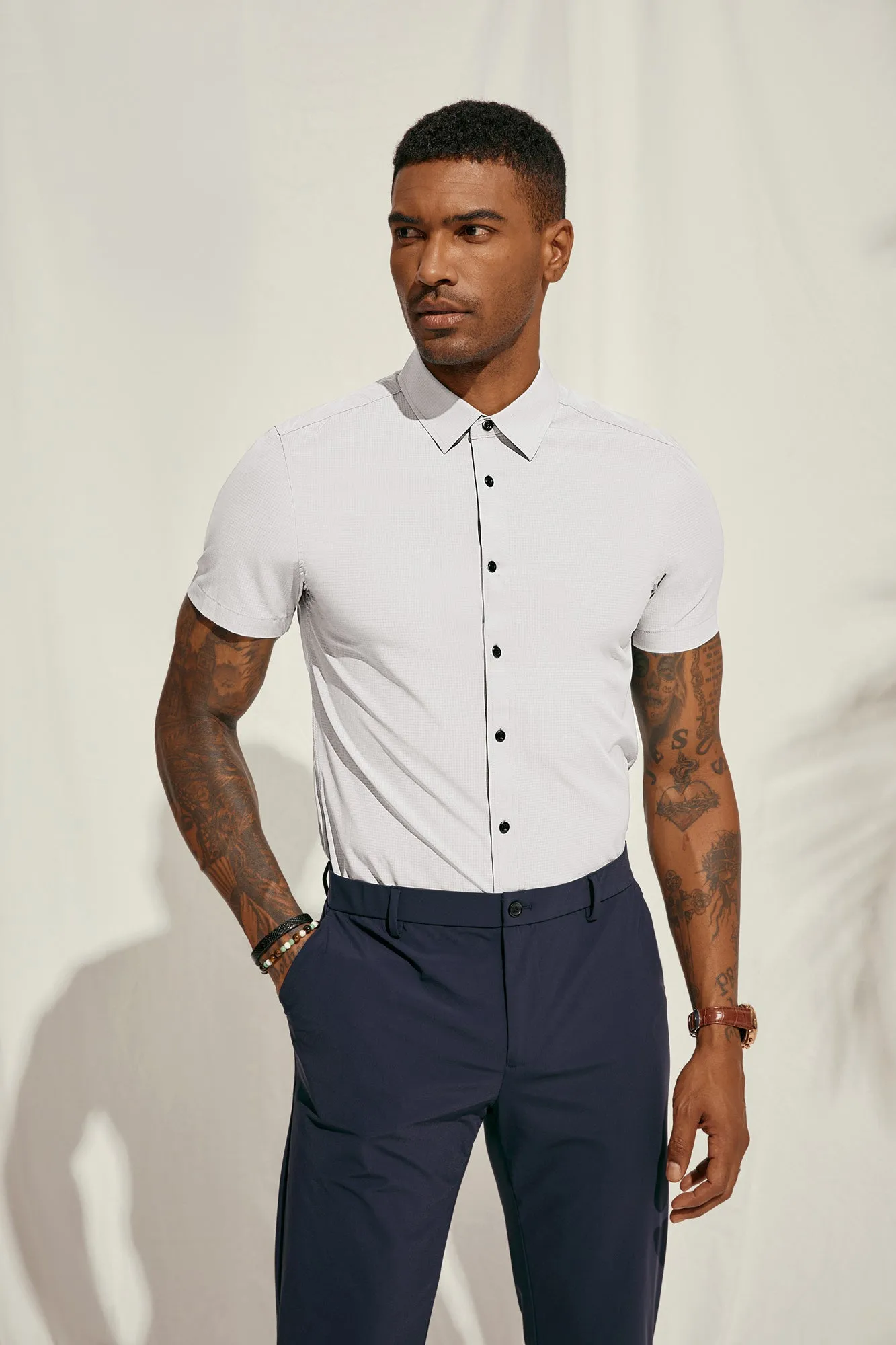 PJ Paul Jones Men Stylish Basic Shirt Short Sleeve Classic Collar Button-up Shirt Tops