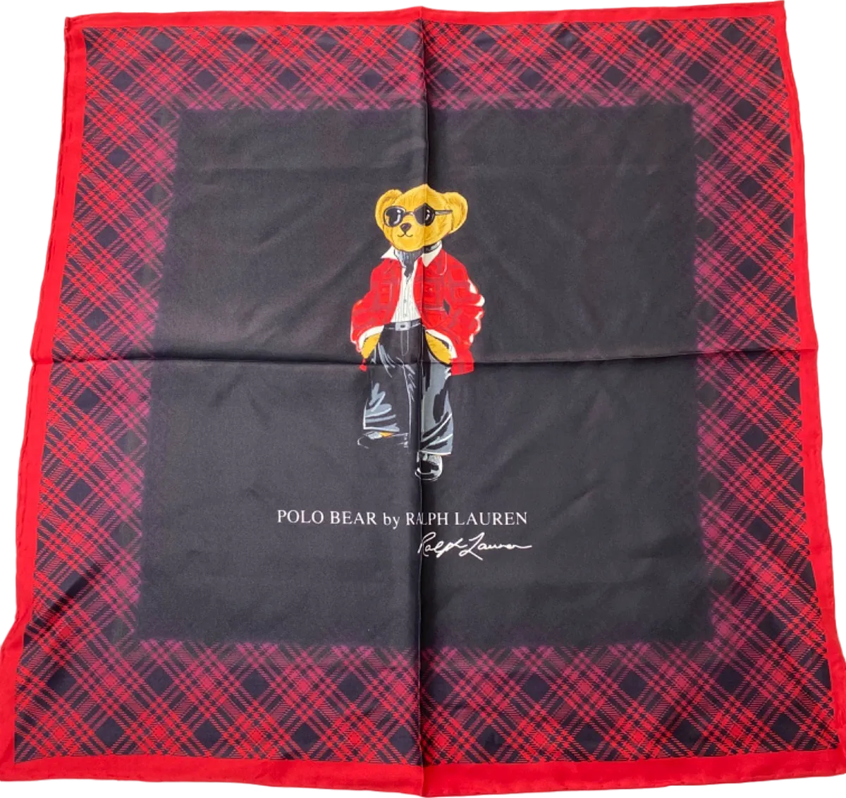 Polo Ralph Lauren Plaid Holiday Bear 100% Silk Scarf