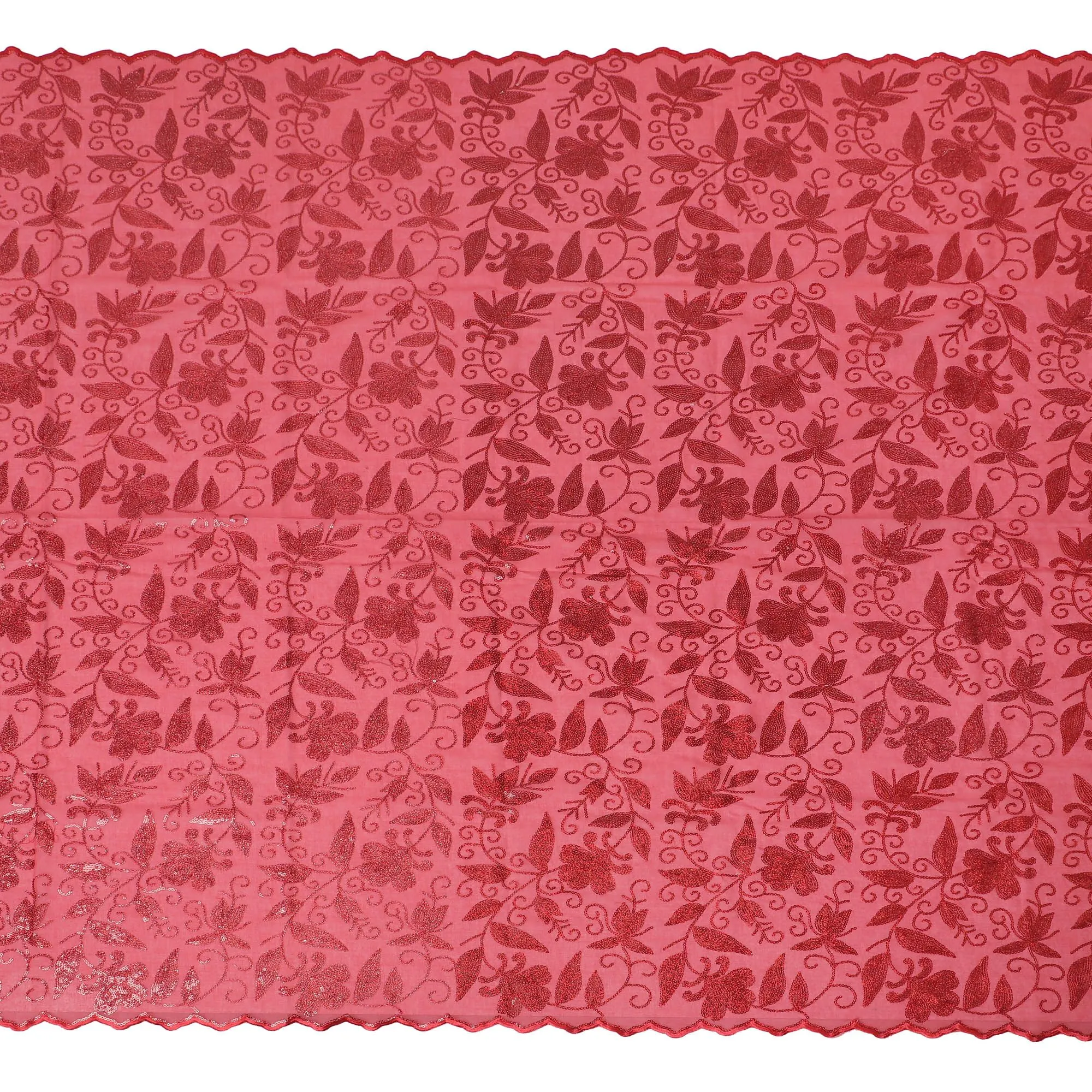 Radiant Coral Red Embroidered Cotton Voile Fabric for Thobe - 140cm Wide-4.5 Mtrs piece-D18609