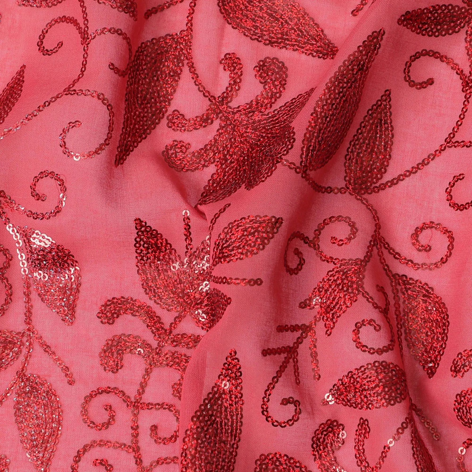 Radiant Coral Red Embroidered Cotton Voile Fabric for Thobe - 140cm Wide-4.5 Mtrs piece-D18609