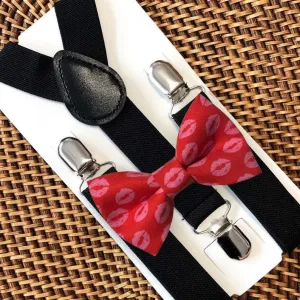 Red Kiss Bow Tie & Black Elastic Suspenders Set