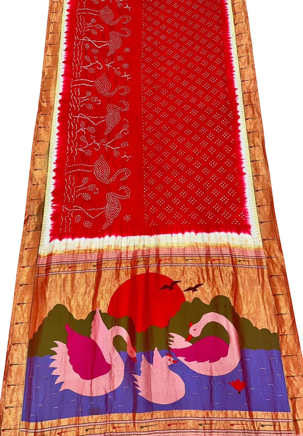 Red Paithani Silk Saree with Hand Bandhej Border