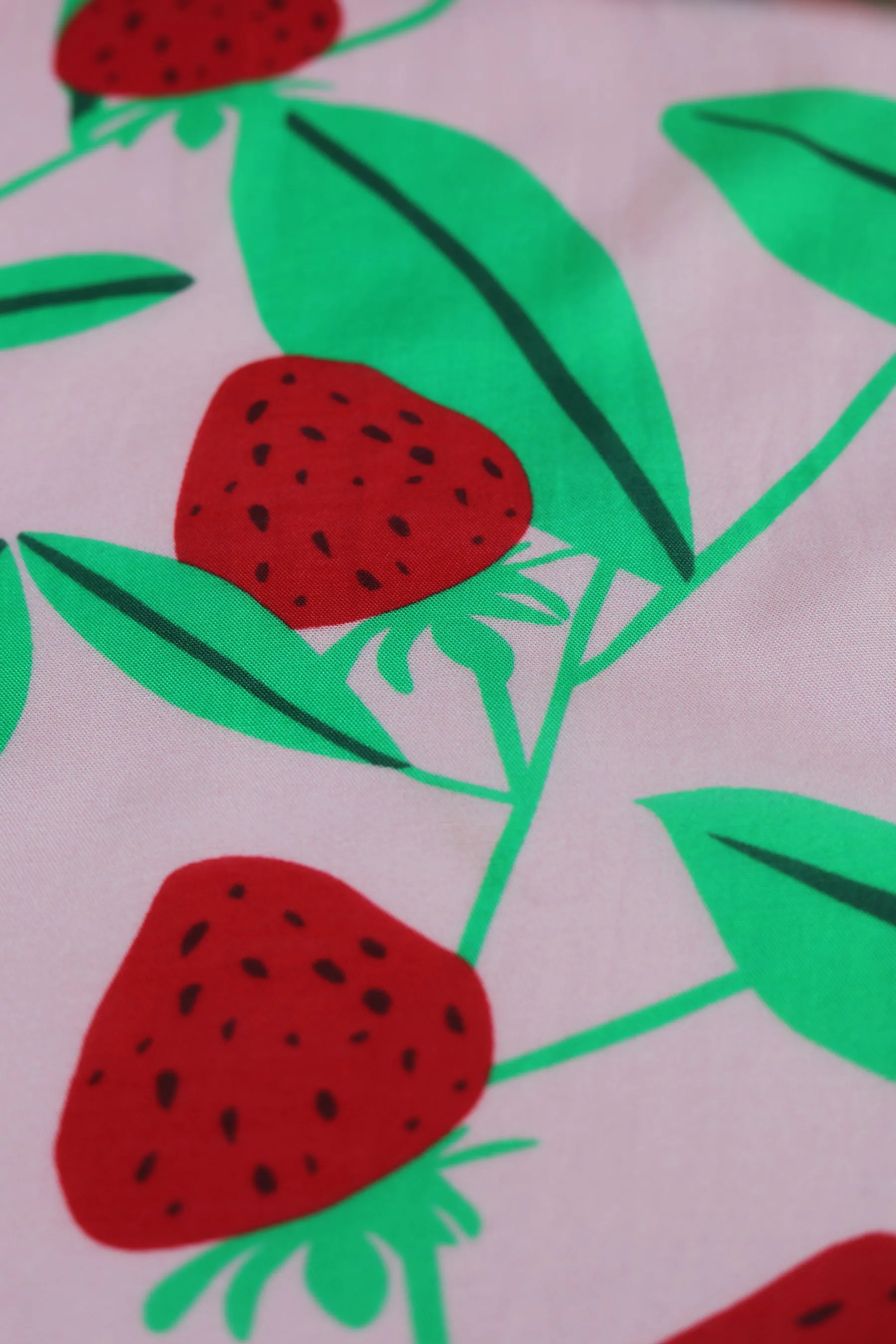 Red Strawberry Pattern Printed Natural Muslin Silk Fabric