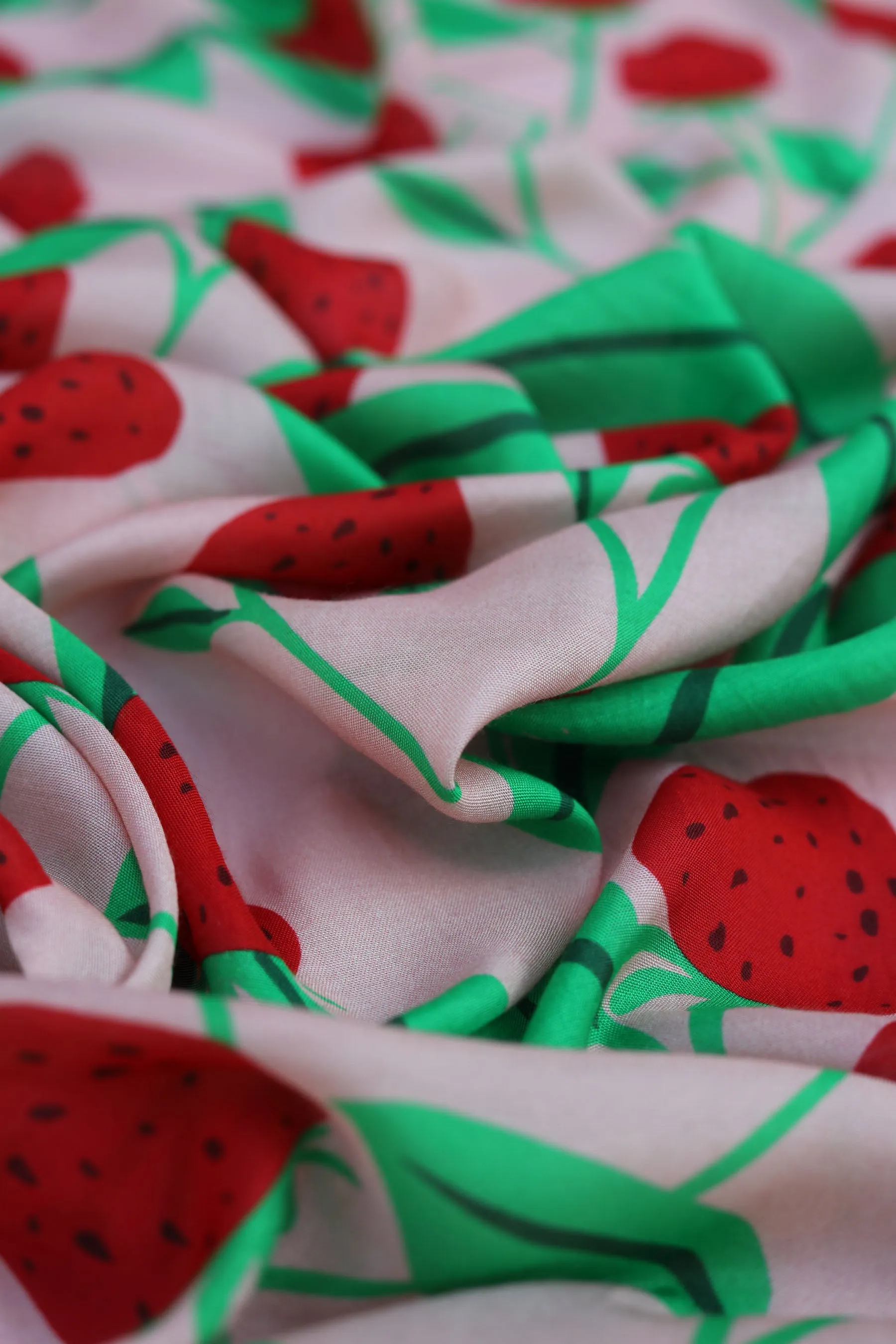 Red Strawberry Pattern Printed Natural Muslin Silk Fabric