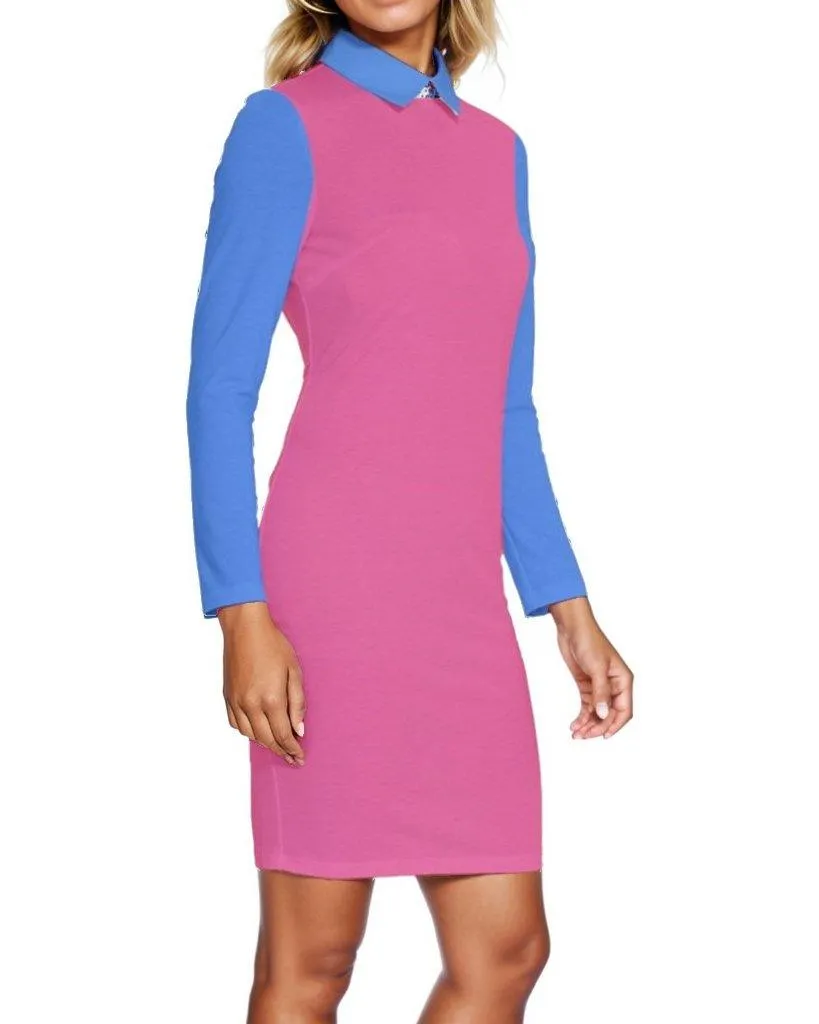 Sechia Color Block Long Sleeve Bodycon Collar Dress