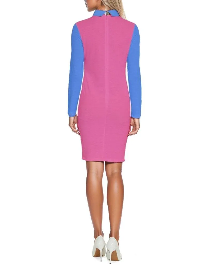 Sechia Color Block Long Sleeve Bodycon Collar Dress