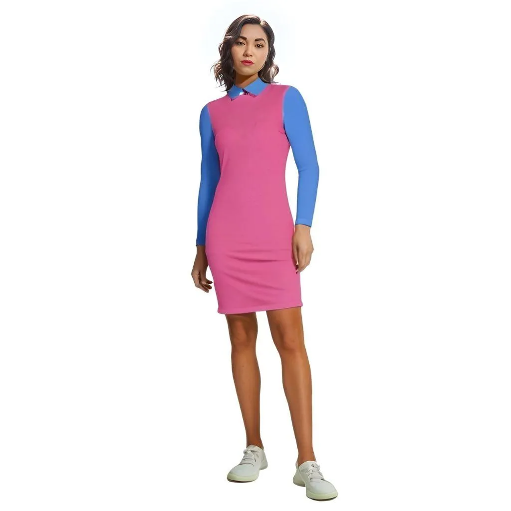 Sechia Color Block Long Sleeve Bodycon Collar Dress