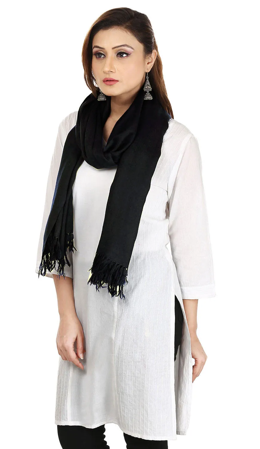 Solid Color Pure Wool Scarves Womens Indian Clothing (Black, 80 x 28 inches)