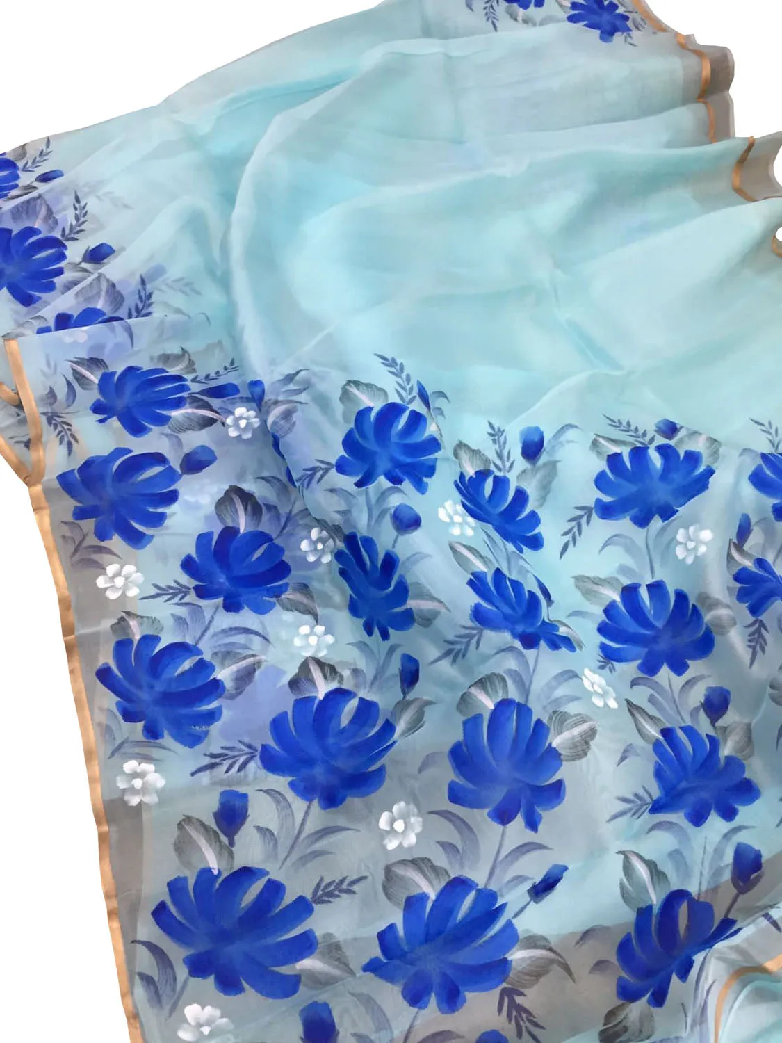 Stunning Blue Organza Saree with Hand Painted Design and Zari Border