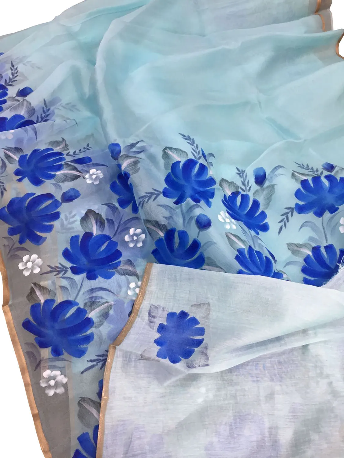 Stunning Blue Organza Saree with Hand Painted Design and Zari Border