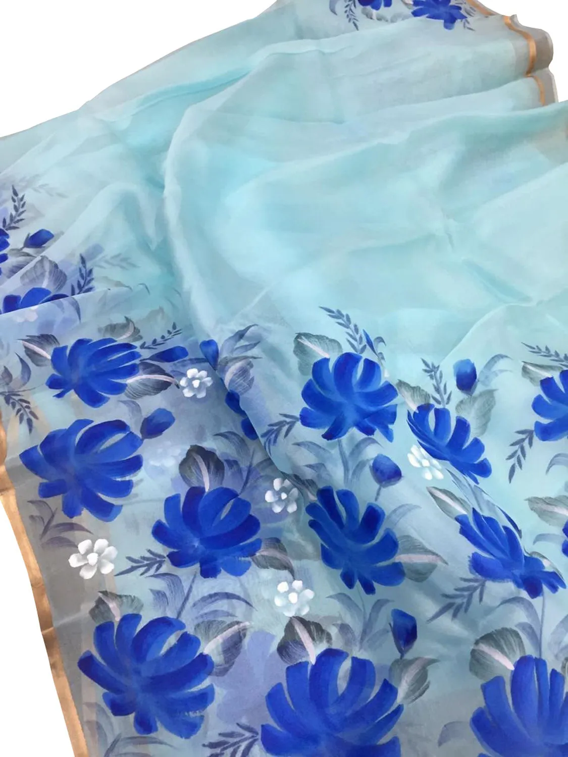 Stunning Blue Organza Saree with Hand Painted Design and Zari Border