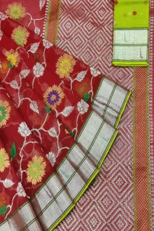 Stunning Red & Green Kota Doria Zari Saree