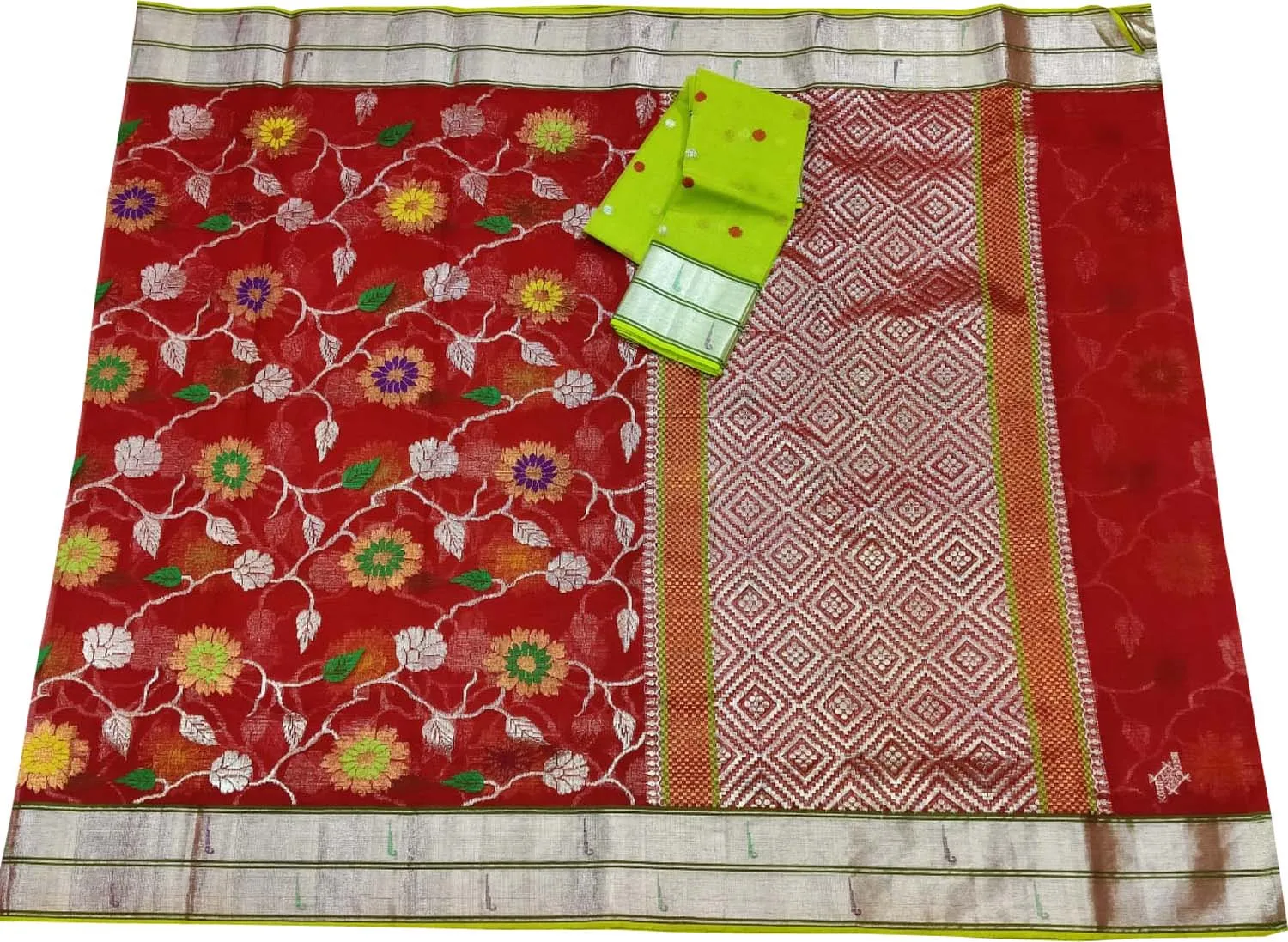 Stunning Red & Green Kota Doria Zari Saree