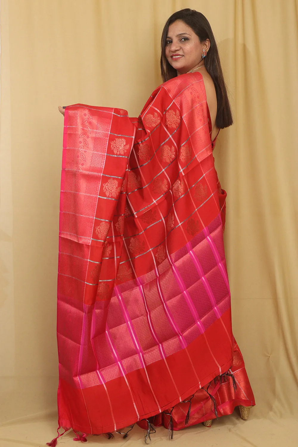 Stunning Red Kanjeevaram Silk Checks Saree