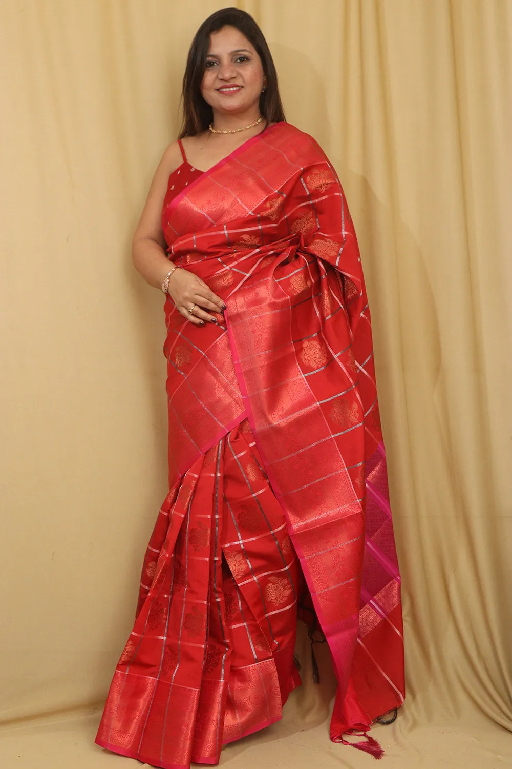 Stunning Red Kanjeevaram Silk Checks Saree