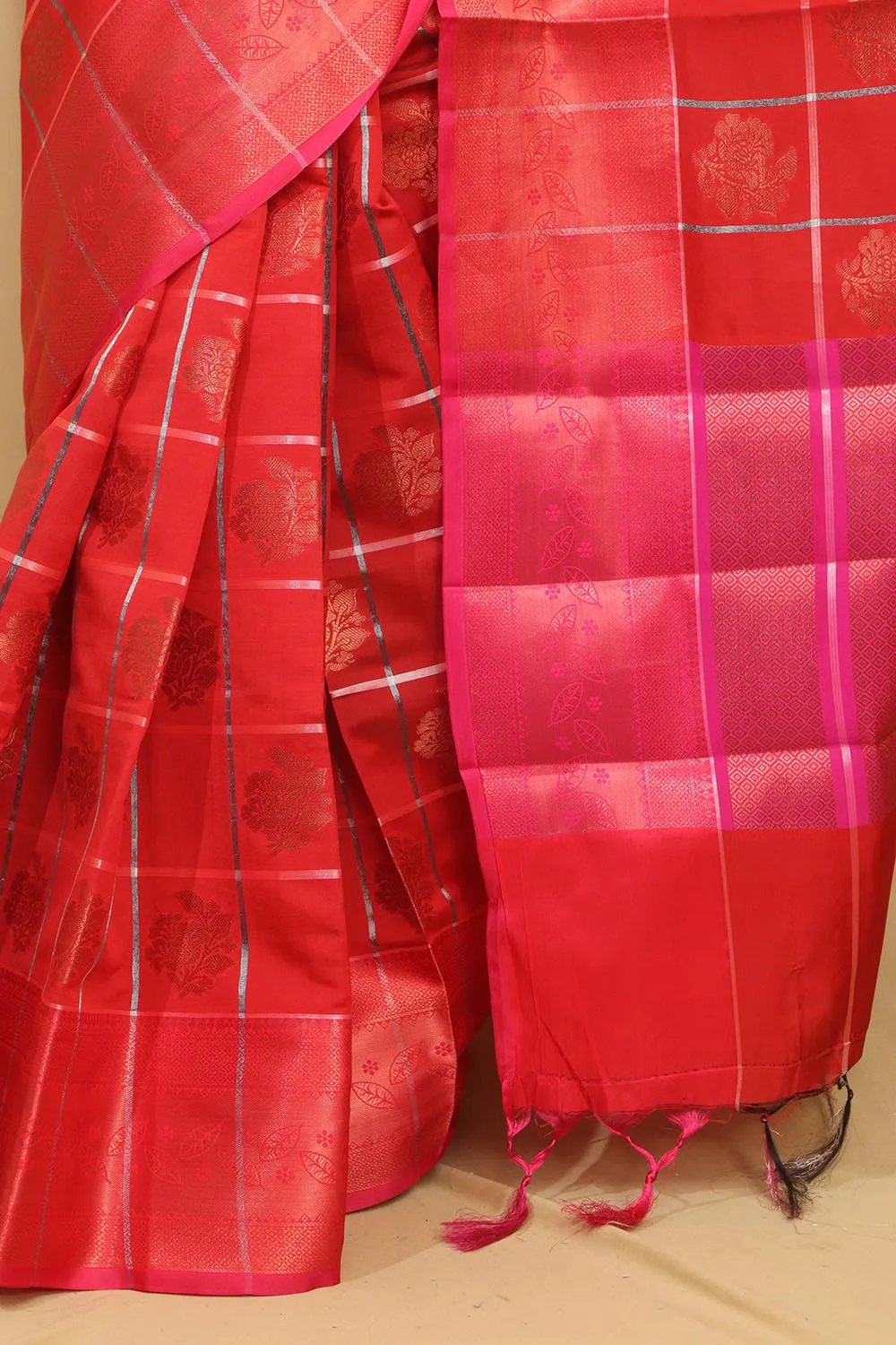 Stunning Red Kanjeevaram Silk Checks Saree