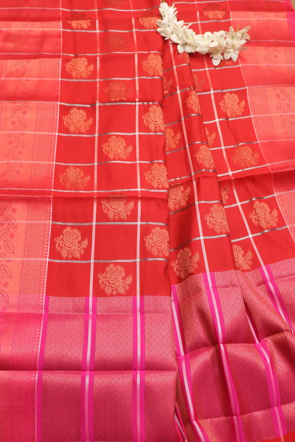 Stunning Red Kanjeevaram Silk Checks Saree