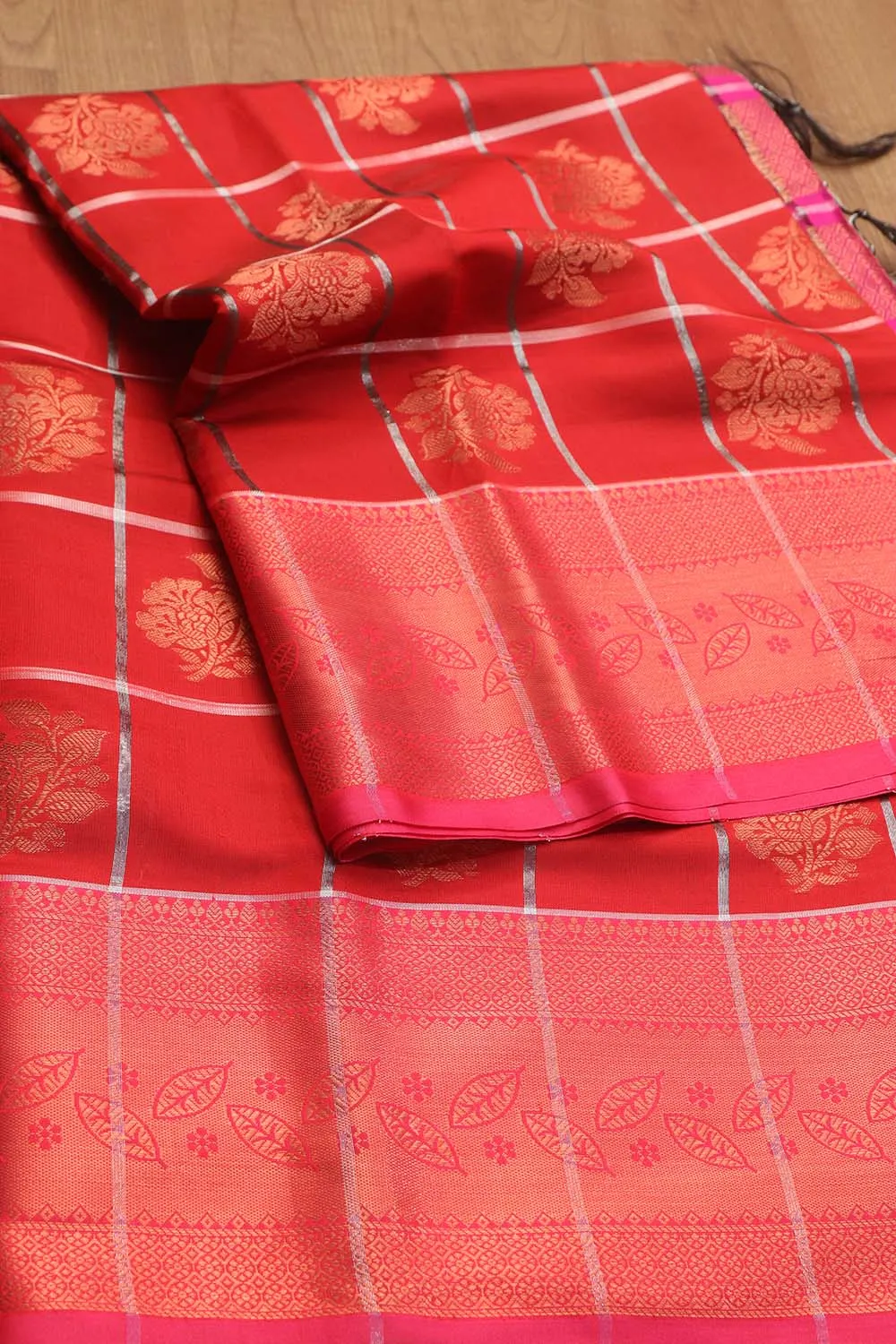 Stunning Red Kanjeevaram Silk Checks Saree