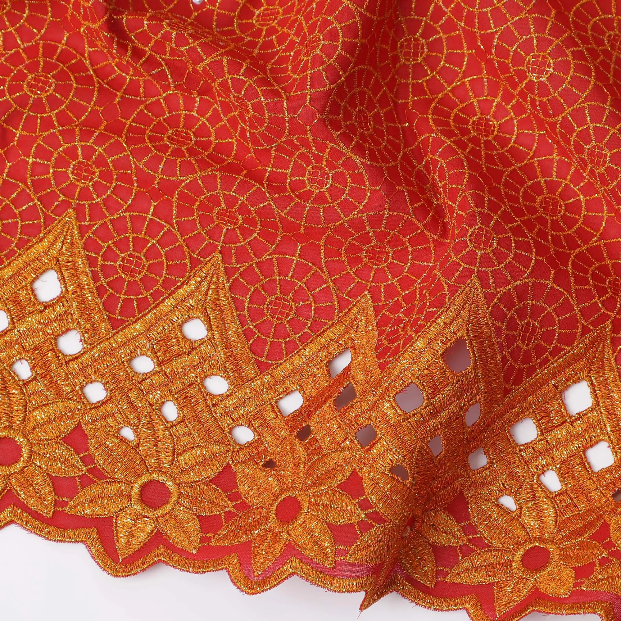 Vibrant Red Premium Swiss Cotton Voile Fabric with Golden Embroidery - Traditional Thobe Material, 140 cm Wide-D20204