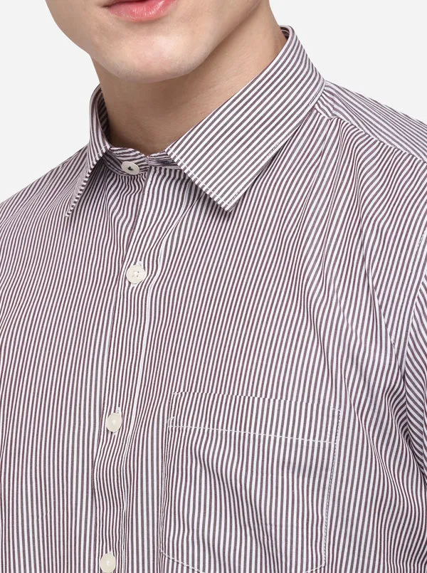 White & Brown Regular Fit Striped Casual Shirt | Greenfibre