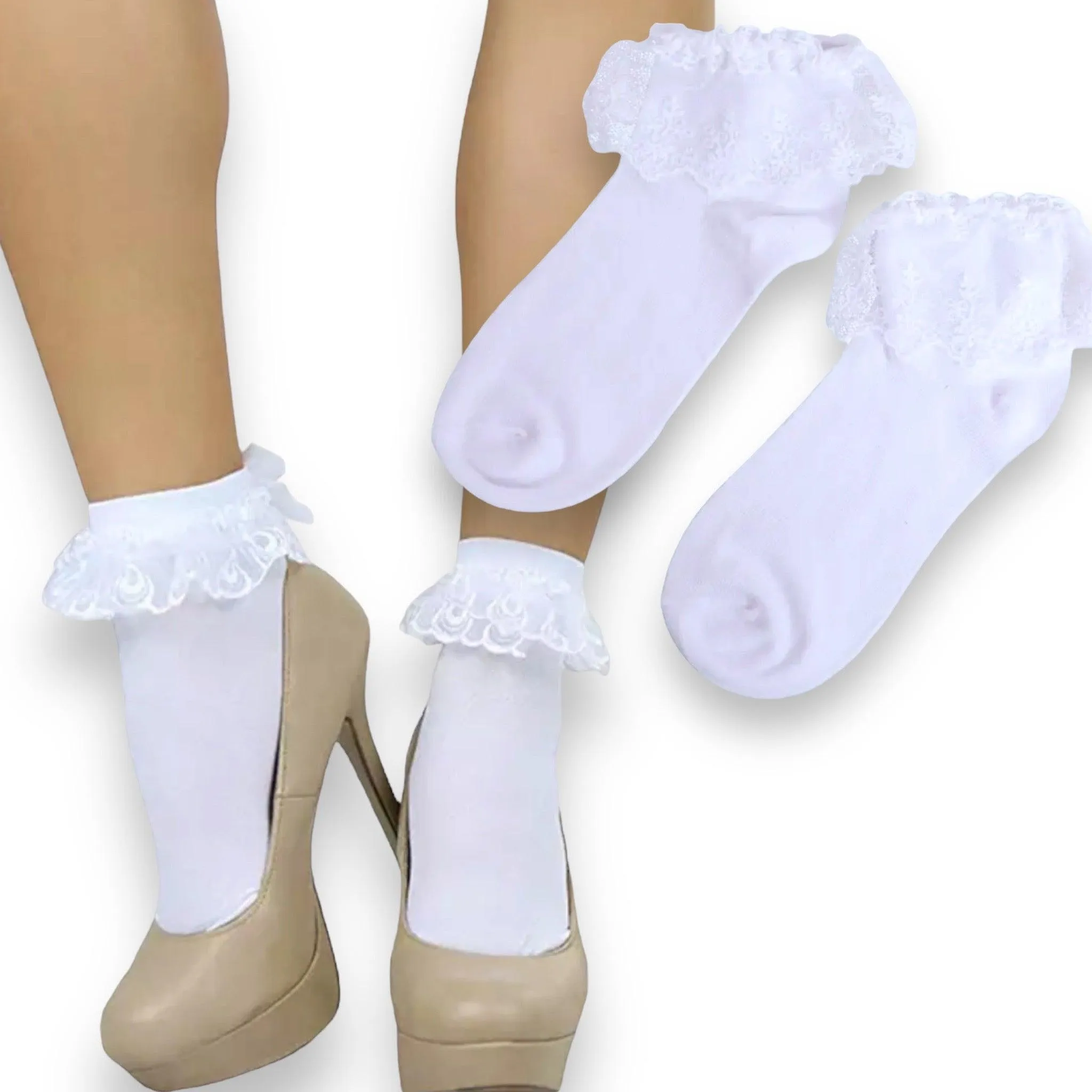 White Embroidered Ruffle Ankle Socks