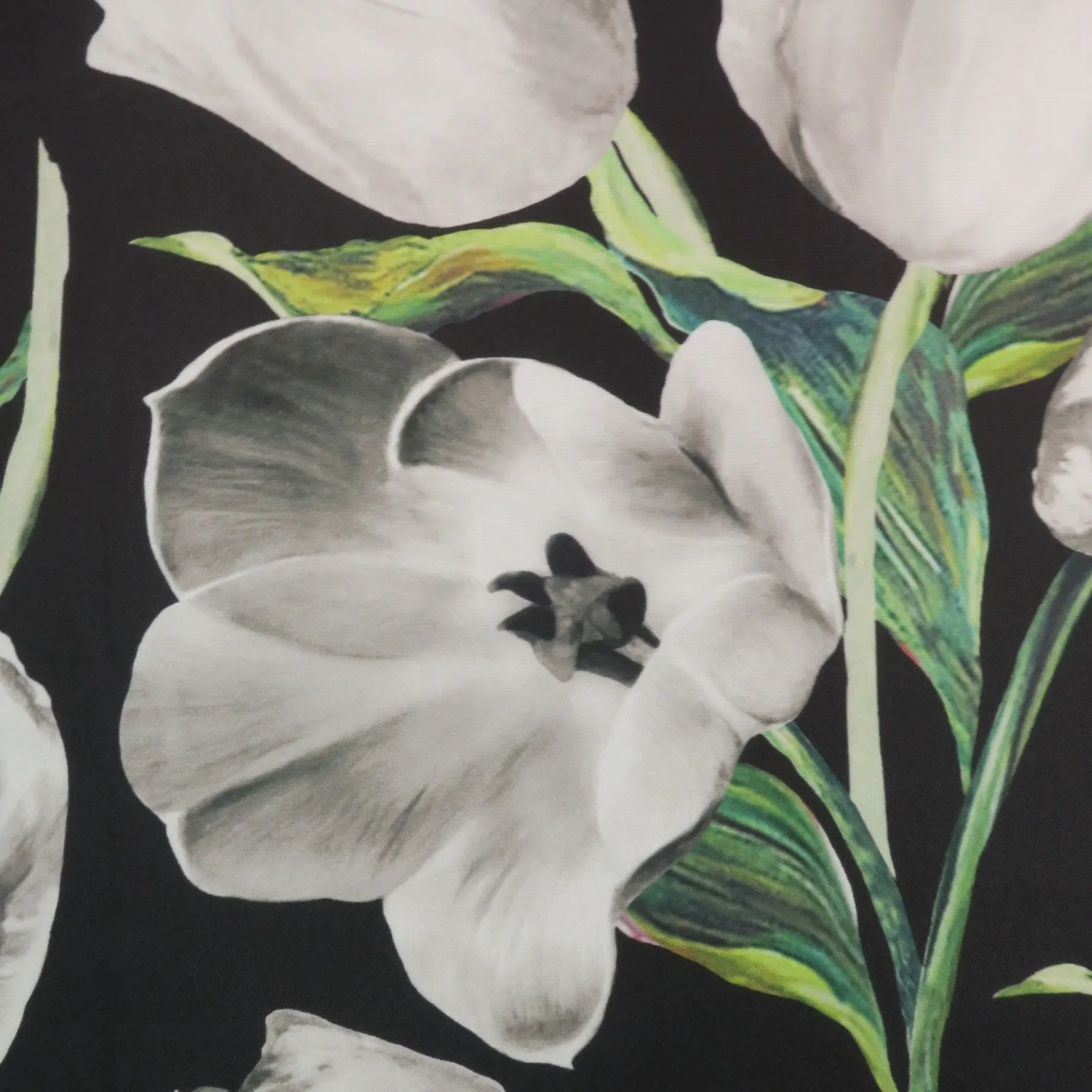 White Floral on Black Background Printed Polyester Mikado Fabric