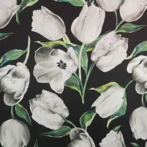 White Floral on Black Background Printed Polyester Mikado Fabric