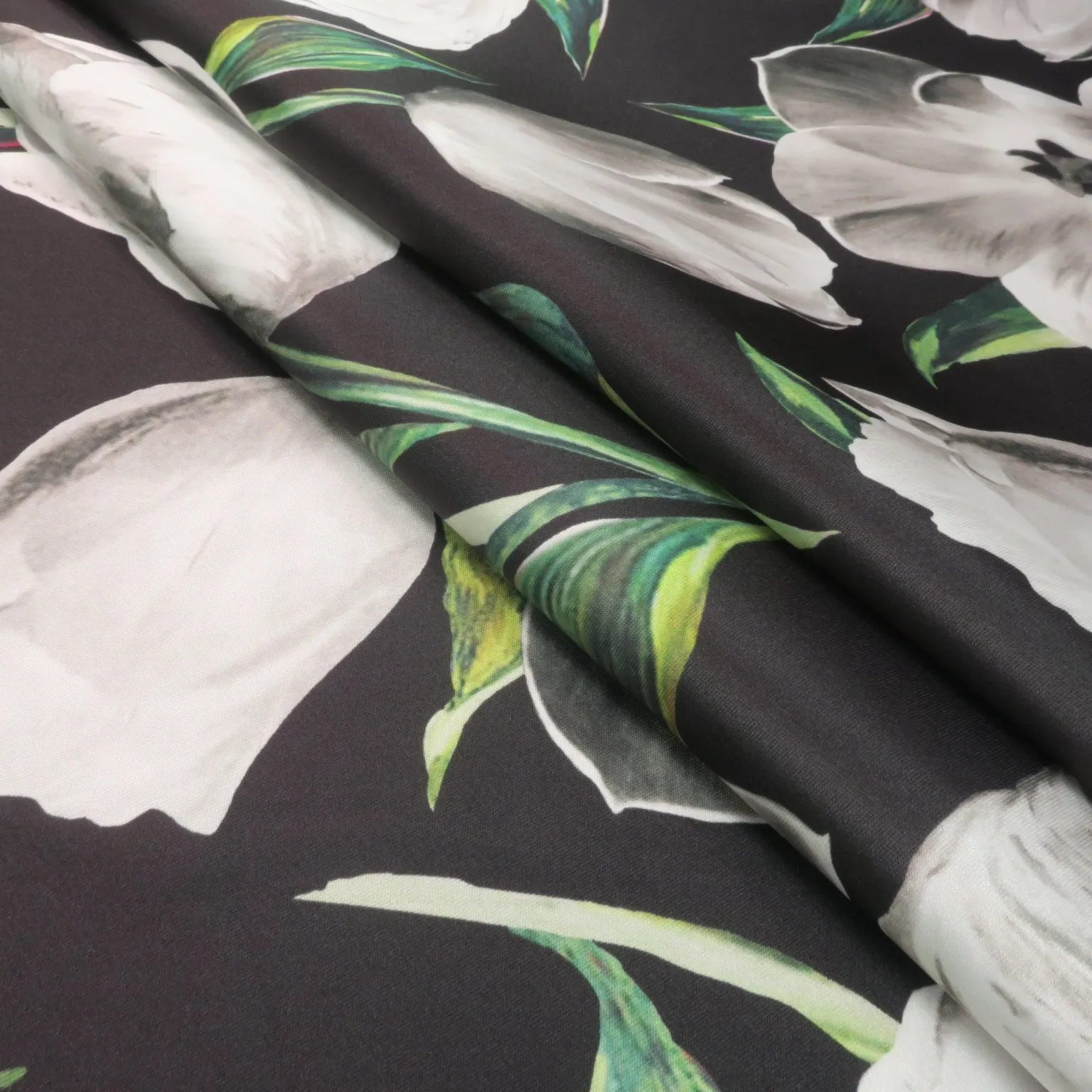 White Floral on Black Background Printed Polyester Mikado Fabric