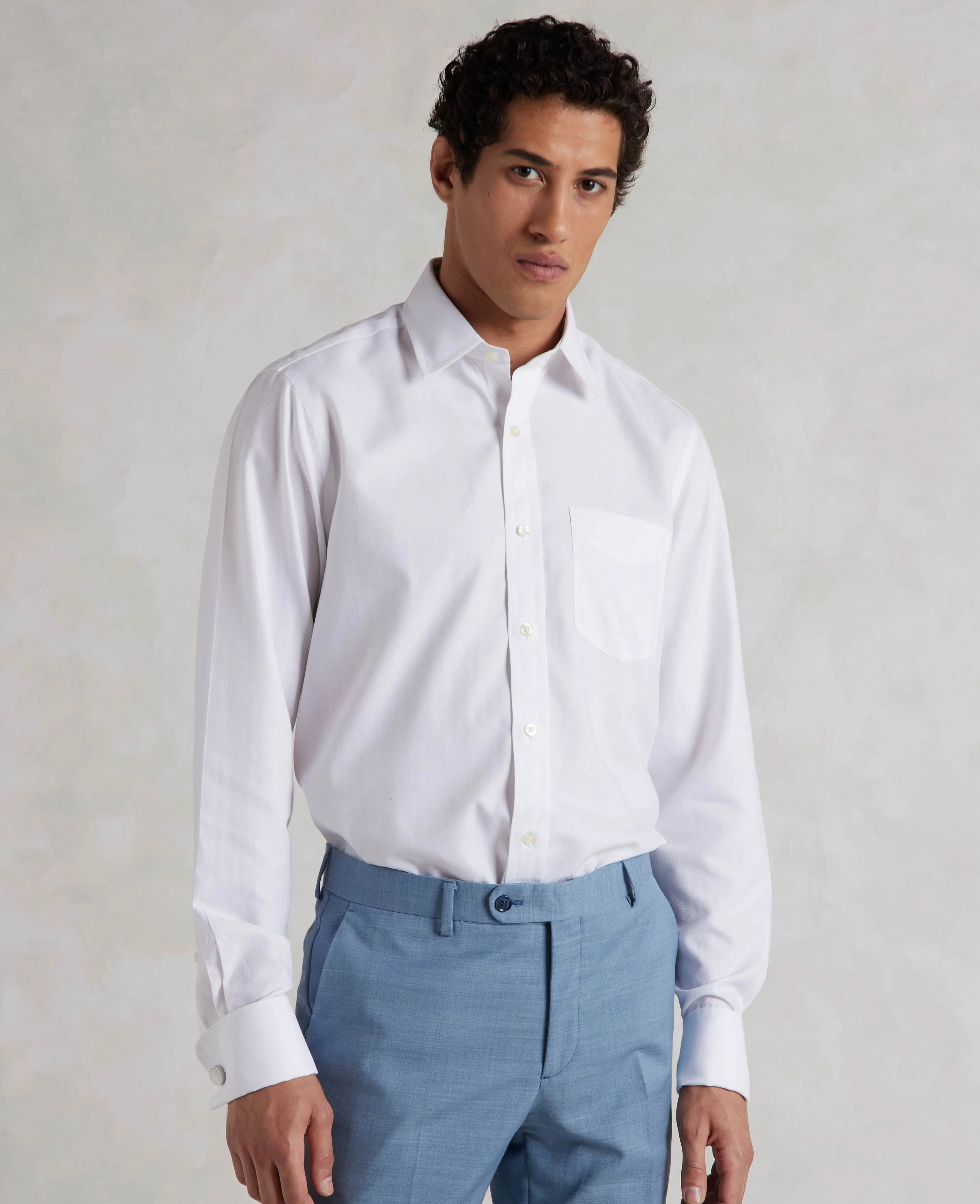 White Herringbone Classic Fit Non-Iron Formal Shirt - Double Cuff