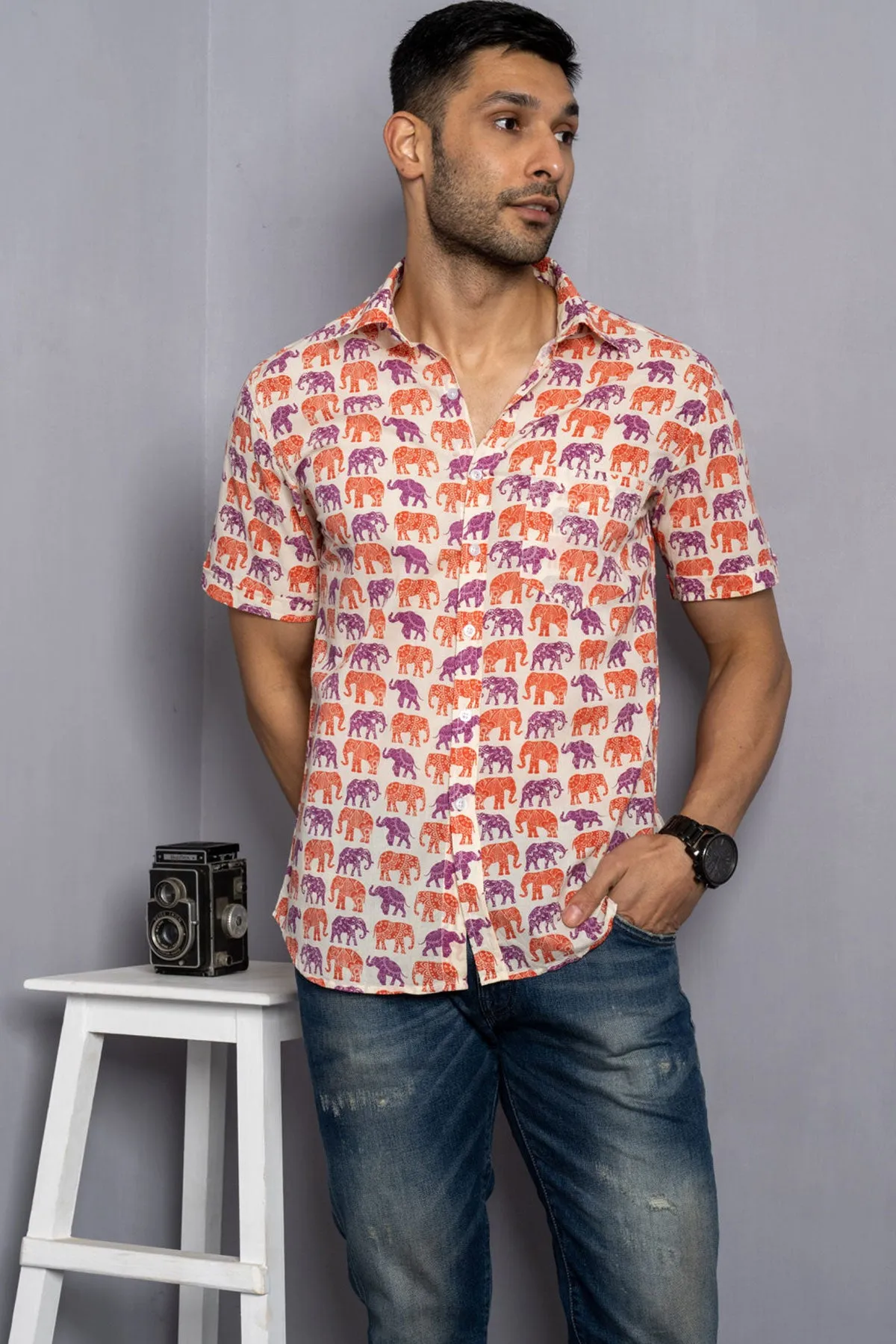 White Shirt with Red and Purple Elephant Print, Cotton | Style Matters