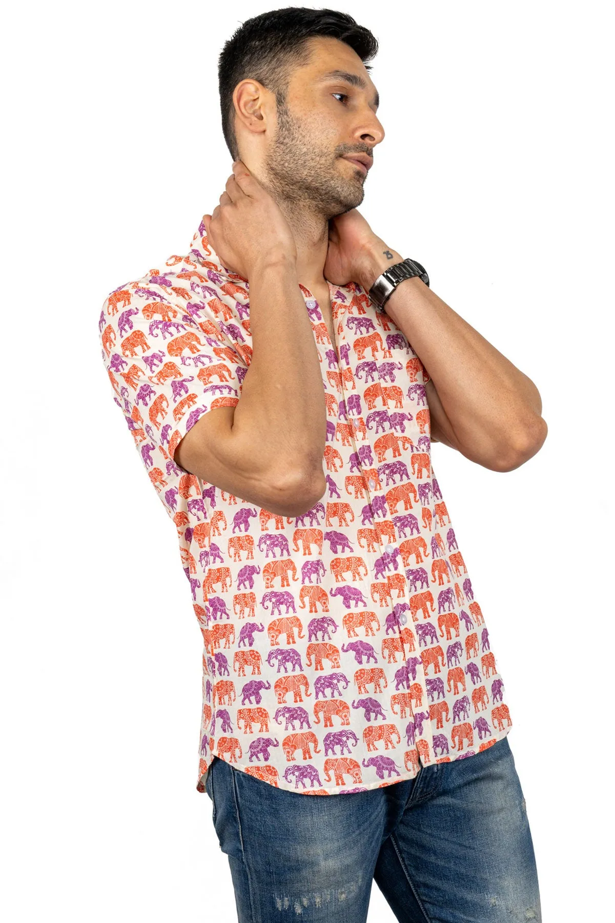 White Shirt with Red and Purple Elephant Print, Cotton | Style Matters