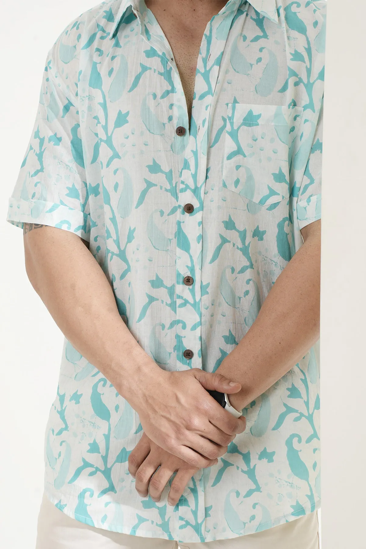 White Shirt with Sky Blue Paisley Print, Half Sleeves Cotton | Style Matters