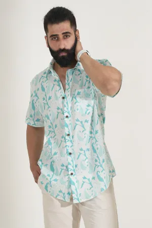 White Shirt with Sky Blue Paisley Print, Half Sleeves Cotton | Style Matters