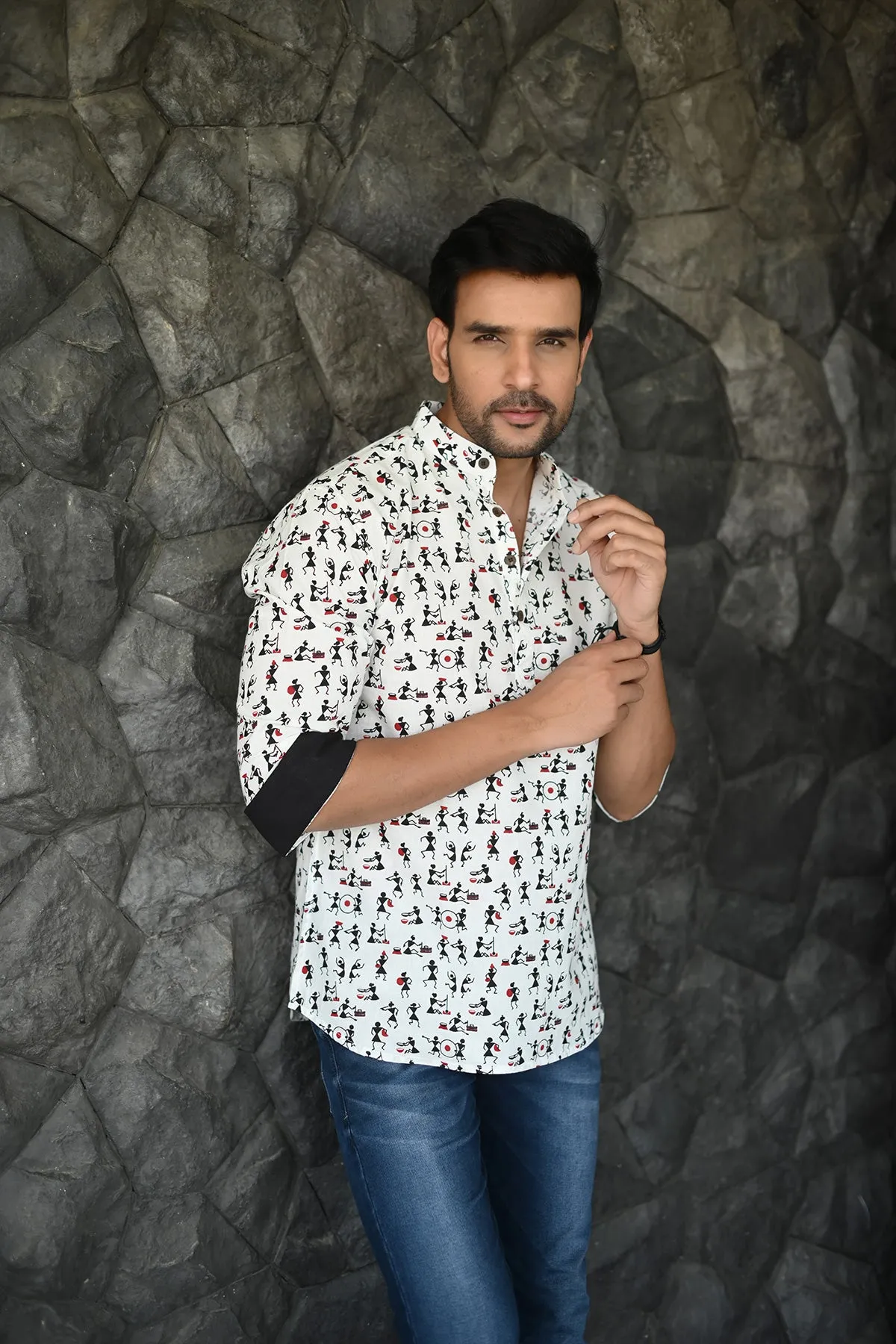 White Short Kurta with Red Tribal Print, 3/4th Sleeves Cotton | Style Matters