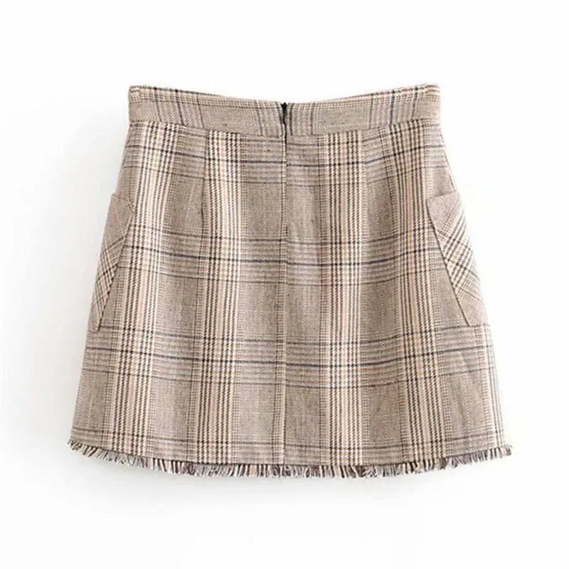 Womens Mini Skirts Elegant Plaid Pockets