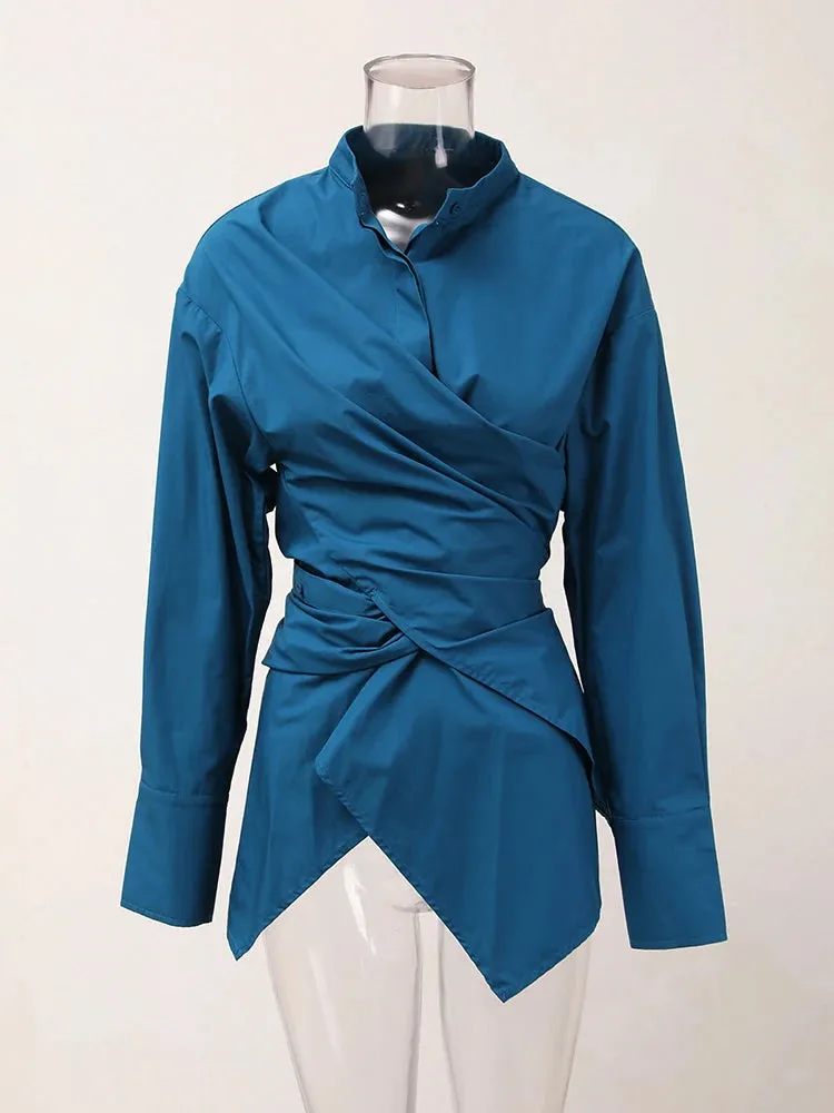 Women's Sophisticated Teal Blue Wrap Blouse | Casual Chic